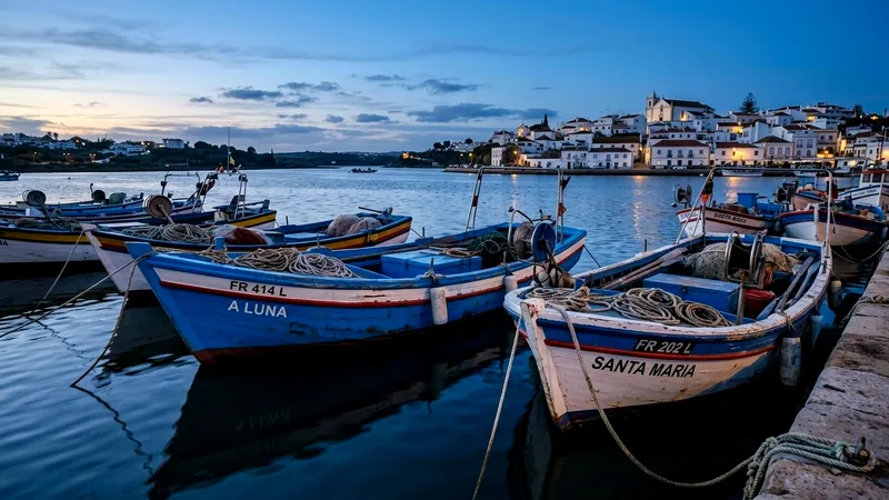 Colourful wooden fishing boats moored in Ferragudo harbour at dusk.